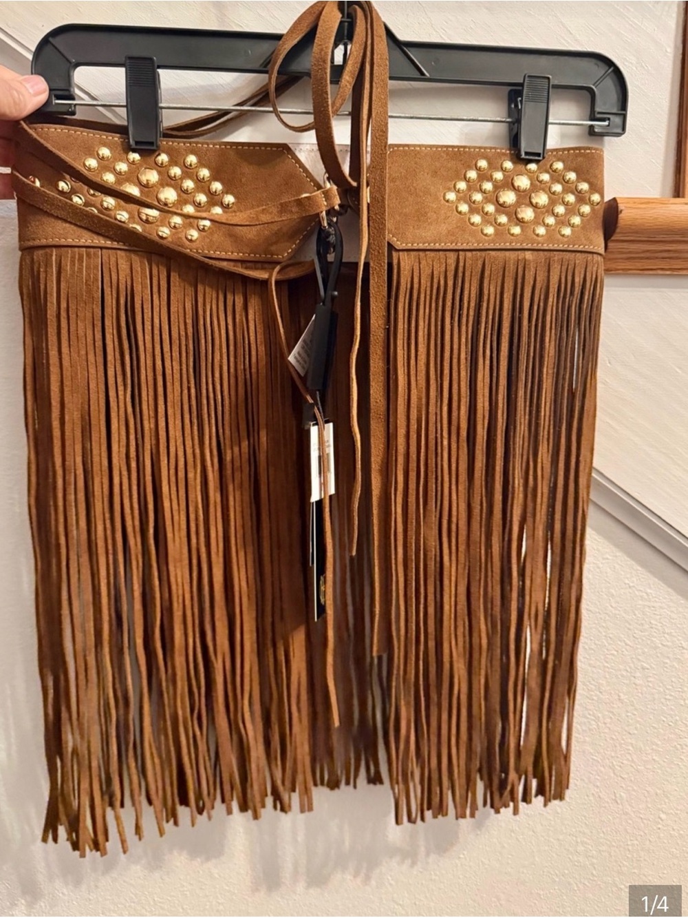 House of Harlow 1960 Brown Suede Fringe Belt with Gold Studs 33 around 18” long.